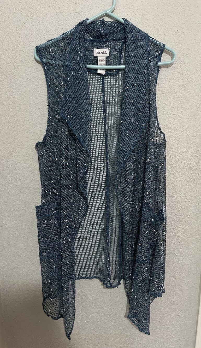 Le Moda Blue Open Knit Woven Vest Artsy Cottage Core Vest Duster Pockets, OS